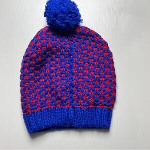 Old Navy Cozy Blue and Red Pom-Pom Cold Weather Winter Beanie